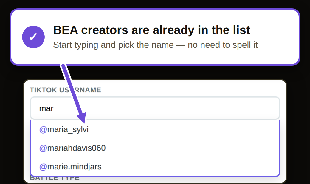 New Battle form: typing part of a name shows BEA creators to pick from a dropdown list