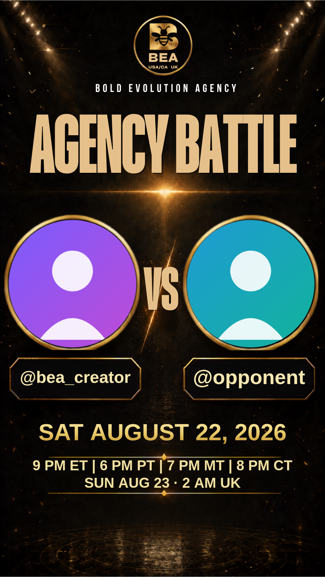 Example Agency Battle poster: BEA creator versus opponent, date, and time zones
